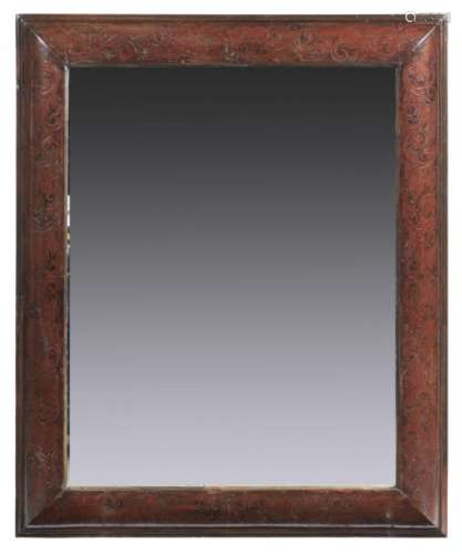 A WALNUT AND INLAID CUSHION FRAMED MIRROR IN WILLIAM AND MARY STYLE, C1900 90 x 75cm++Good