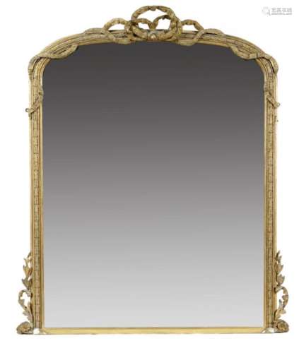 A VICTORIAN GILTWOOD AND COMPOSITION OVERMANTLE MIRROR, C1870 the low arched frame crested by a