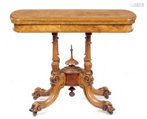 A VICTORIAN WALNUT AND INLAID CARD TABLE, C1870 with bow ended, quarter veneered top, 71cm h; 54 x