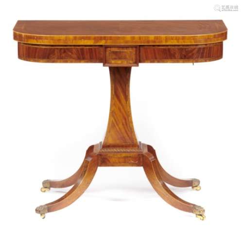 A MAHOGANY, TULIPWOOD AND LINE INLAID CARD TABLE, 20TH C on brass paw castors, 78cm h; 45 x 89cm++In