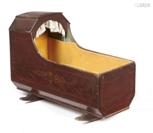 AN ENGLISH PAINTED WOOD CRADLE, FIRST HALF 19TH C dark red-brown gained decoration and with outlined