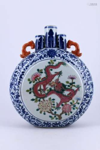 Blue&White Dragon Porcelain Moon Flask Qing Mark