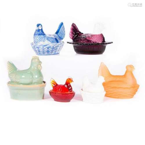 Six assorted porcelain and glass nesting chicken