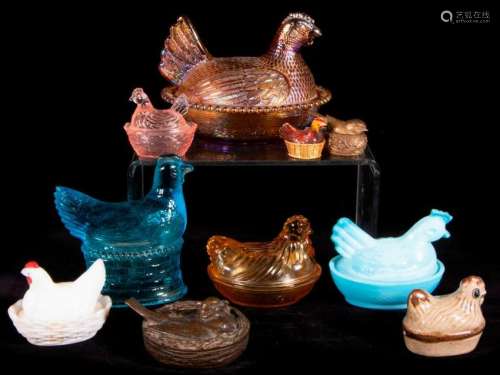 Eight assorted nesting bird covered bowls and two