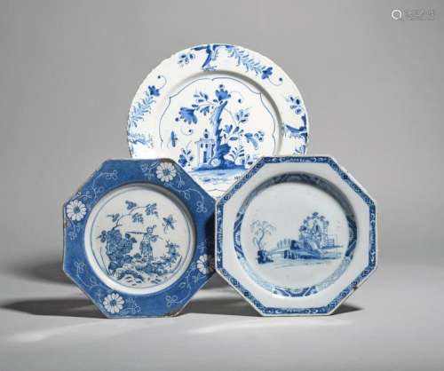 Three delftware plates c.1760, two of octagonal fo…
