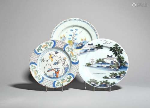 Three polychrome delftware plates c.1740 70, one p…
