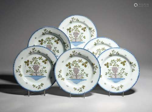 Six Lambeth delftware plates c.1780 90, painted in…
