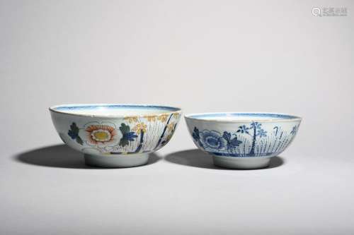Two delftware bowls c.1760, the larger polychrome,…