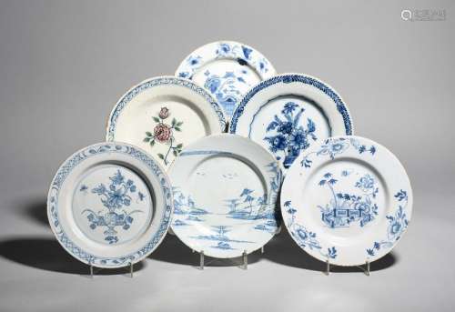 Six delftware plates mid 18th century, one painted…
