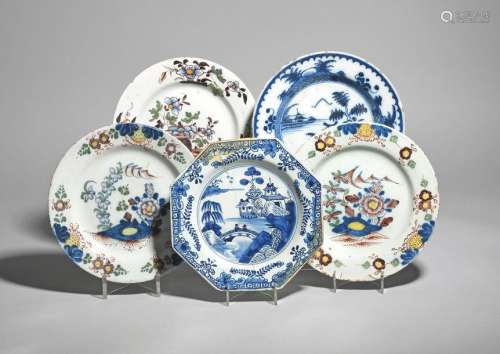 Five delftware plates mid 18th century, including …