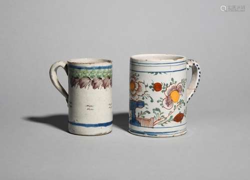 Two Delft mugs 18th century, of cylindrical form, …