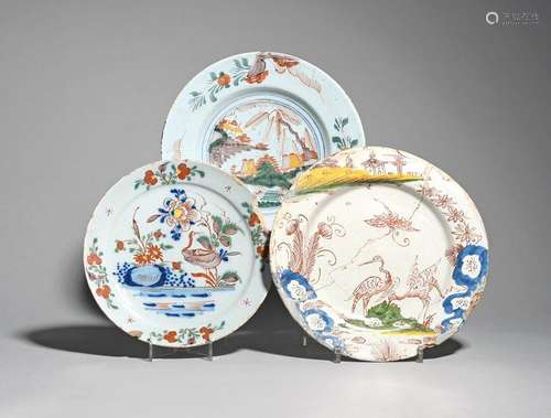 Three delftware plates c.1760, painted in polychro…