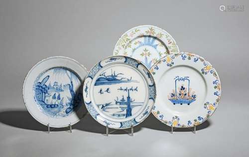 Four delftware plates c.1710 50, one of primitive …