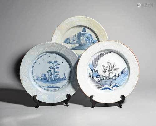 Three large Bristol delftware chargers .1760 70, o…