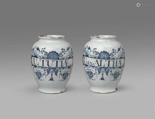 A pair of delftware drug jars mid 18th century, th…