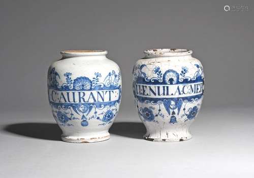 Two delftware dry drug jars mid 18th century, of o…