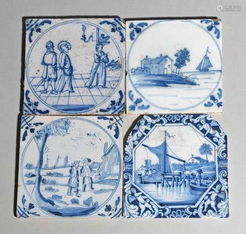 Four delftware tiles c.1730 60, one Biblical and p…