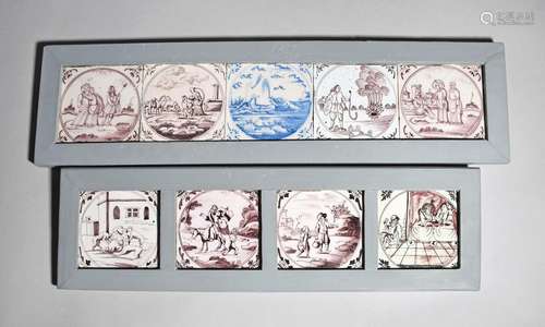 Nine delftware Biblical tiles mounted as two panel…