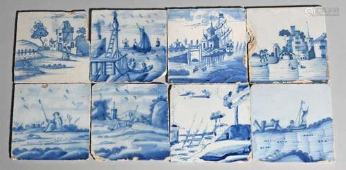 Eight delftware tiles c.1750 70, painted in blue w…