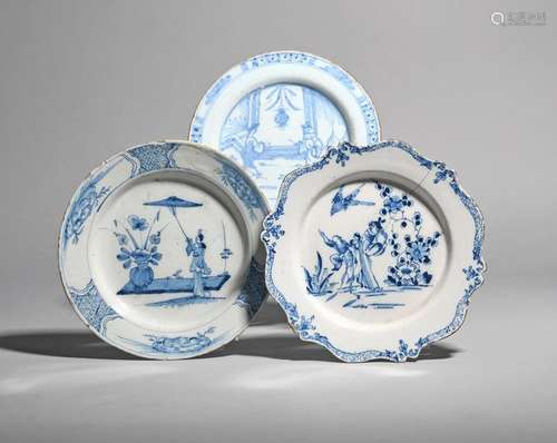 Three delftware plates c.1750, one painted in blue…