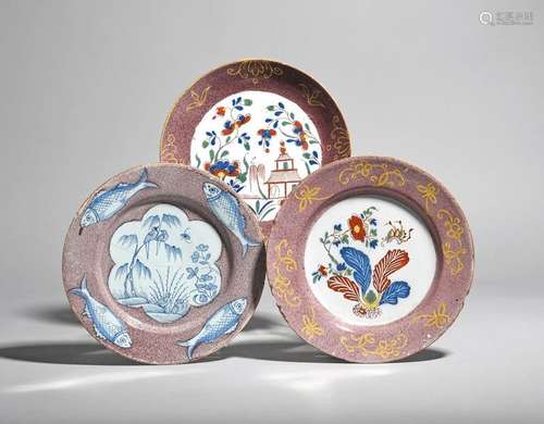 Two delftware plates and a saucer dish c.1750, one…