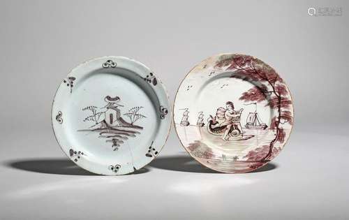 Two delftware plates c.1750 70, the first Bristol …