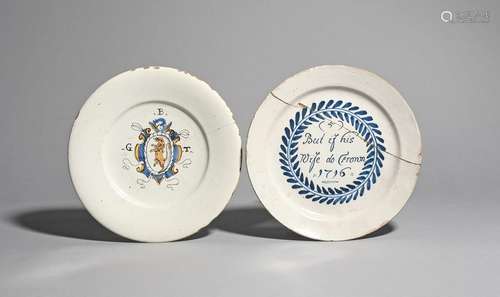 A delftware 'Merry Man' plate dated 1716, London o…