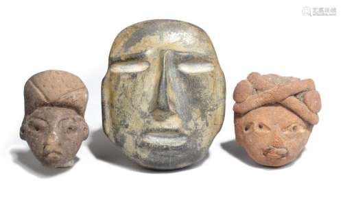 A Chontal style mask stone, 7.7cm high, and two Ec…