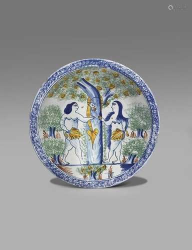 A Bristol delftware Adam and Eve charger c.1730 40…