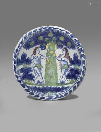 A Bristol blue dash Adam and Eve charger c.1730 40…