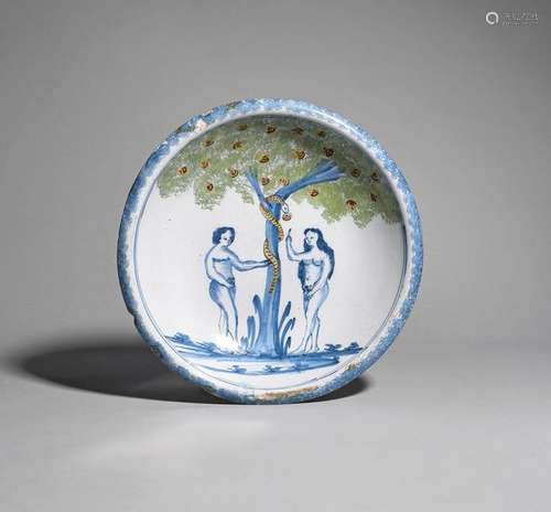 A Bristol delftware Adam and Eve charger c.1750, p…