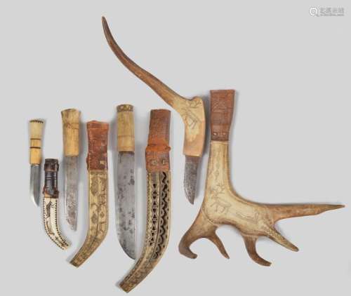 Four Sami knives and sheaths Lapland antler, steel…