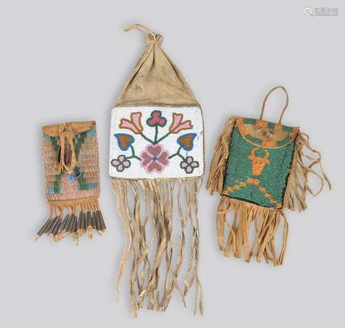 A Cree 'fire' pouch Plains buckskin with coloured …