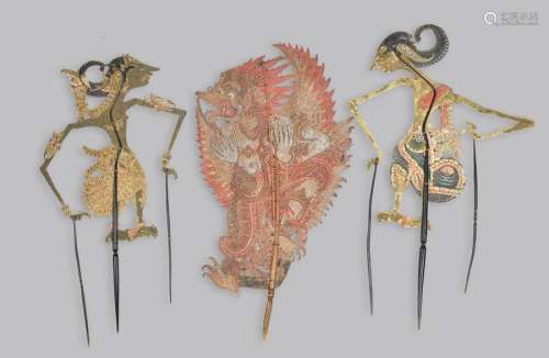 Three Indonesian shadow puppets painted and pierce…