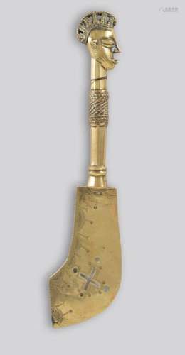 A Yoruba ceremonial knife Nigeria brass, the curve…