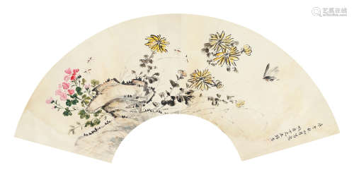 左锡惠 庚午（1870年） 花蝶图扇面 镜片 设色纸本