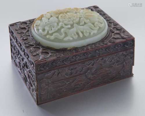 Chinese Qing jade plaque inset in wooden box,
