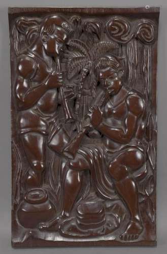 African figural wood carved plaque depicting