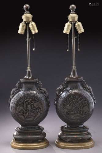 Pr. Chinese Qing carved Zitan moon flask vases,