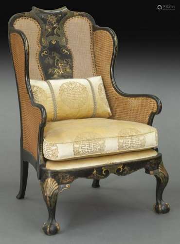 Chinoiserie decorated Queen Anne style wing chair