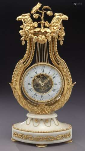 French gilt bronze lyre shaped mantel clock,