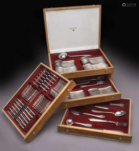 144 pc. Christofle silverplate flatware in oak