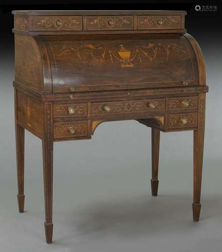 Antique English inlaid cylinder rolltop desk,