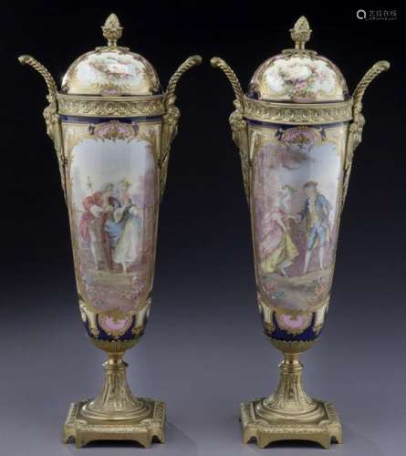 Pr. Sevres style covered vases with ormolu