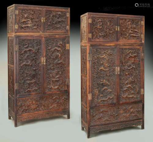 Pr. Chinese carved rosewood compound cabinets,