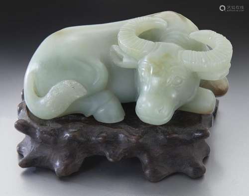 Chinese Qing carved celadon jade water buffalo,