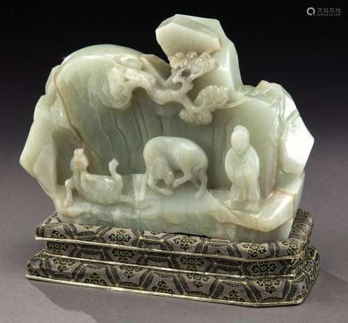 Chinese Qing carved white jade mountain,