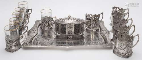 (14) Pcs. Persian silver & niello tea service,