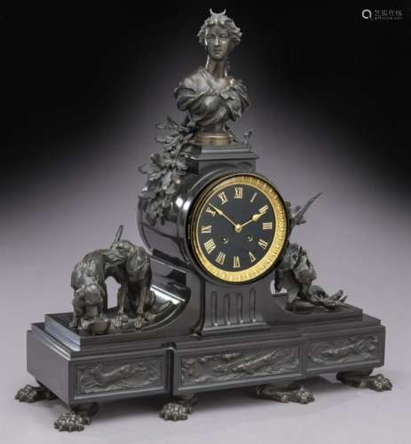 Patinated bronze clock depicting Artemis,
