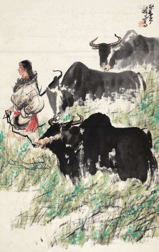 王明明 乙丑（1985年） 牧牛图 立轴 设色纸本